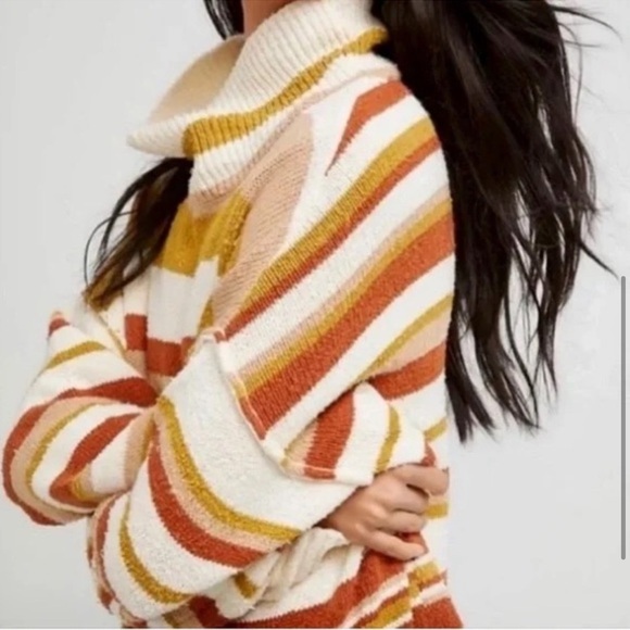 Free People Beach Atlas Pullover Turtleneck Sweater Dress Stripe Bronze Combo - Picture 3 of 9
